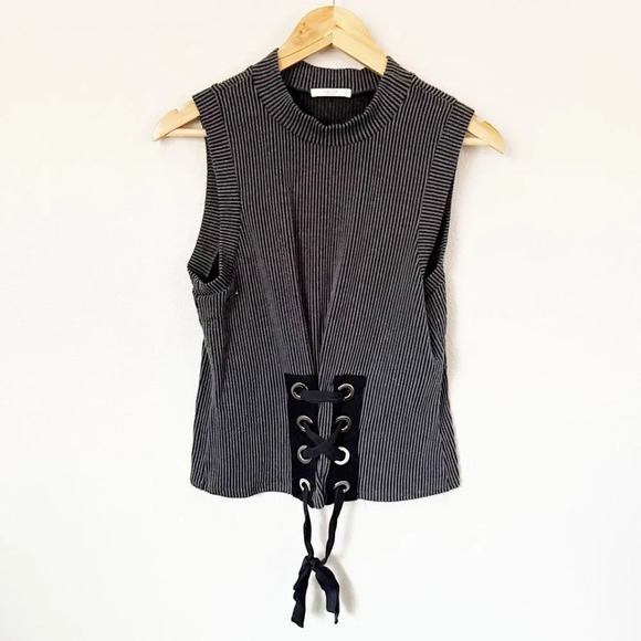 LELIS / LE LIS | Gray Black Mock Neck Sleeveless Tank Grommet Lace Up | Medium - Picture 1 of 6